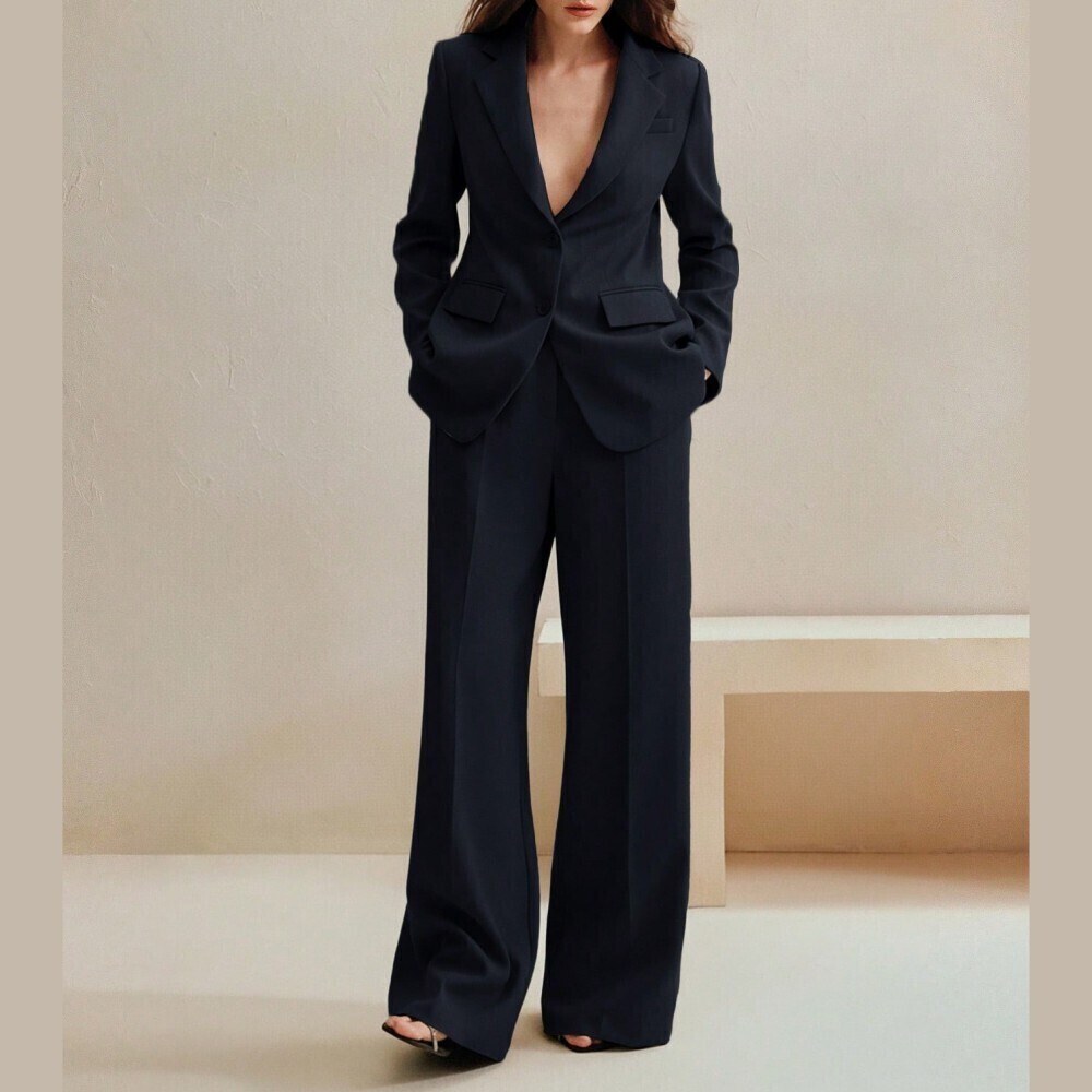 Navy Blue Deep V Lapel Blazer and Wide Leg Trouser Pantsuit Set
